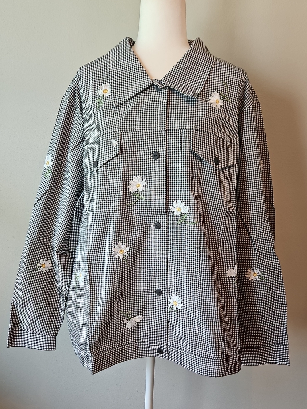 Embroidered Gingham Button-Down Shirt Jacket - Black & White Daisy Flower QVC